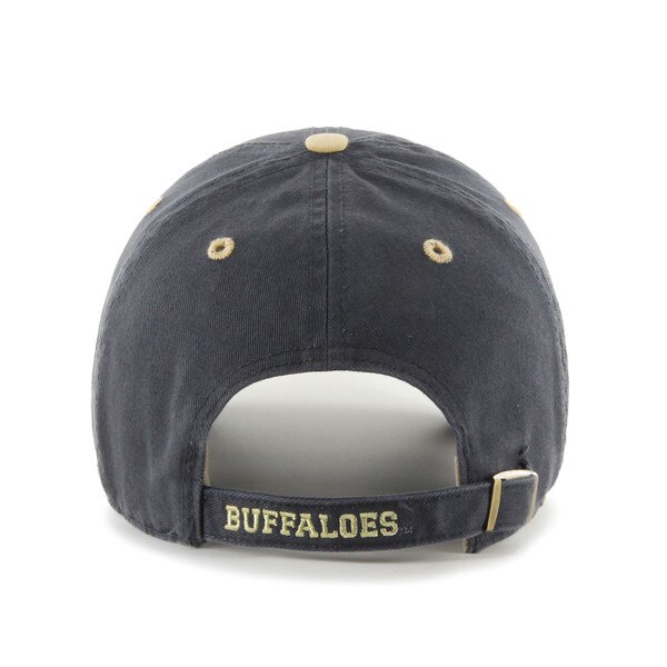 Back of dark grey hat with vegas gold embroidered "Buffaloes" on the adjusting strap.